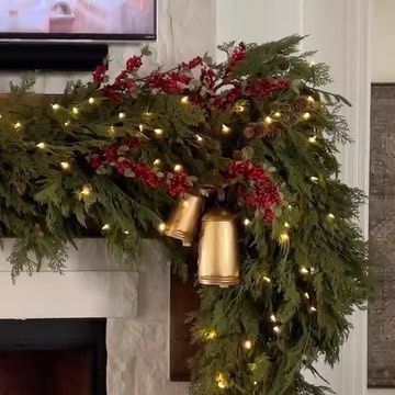 Cranberry Garland Diy, Norfolk Pine Garland, Christmas Garland Mantle, Mantle Garland, Antique Bell, Mantel Ideas, Wood Mantle, Norfolk Pine, Pine Garland