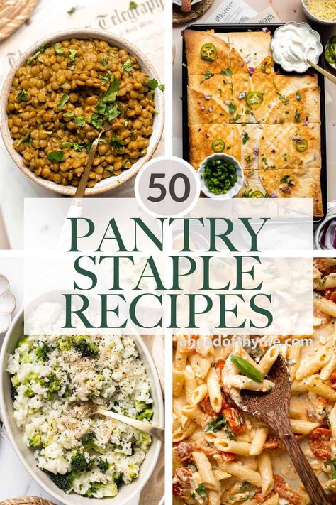 Wondering what to make for dinner using ingredients from your fully stocked pantry? Whether you are out of fresh ingredients, or just want to use up some ingredients that have been sitting in your pantry for a while, cooking from your pantry doesn’t have to be boring! Over 50 of the best easy pantry staple recipes that are delicious and nutritious, including everything from beans and rice, soups and stews, pasta and noodles, and more! | aheadofthyme.com #pantrystaples #p... via @aheadofthyme Meat Freezer, Turmeric Detox Drink, Rice Soups, Baked Mozzarella Sticks, Survival Recipes, Vegetarian Dumpling, Stocked Pantry, Staple Recipes, Pantry Meals