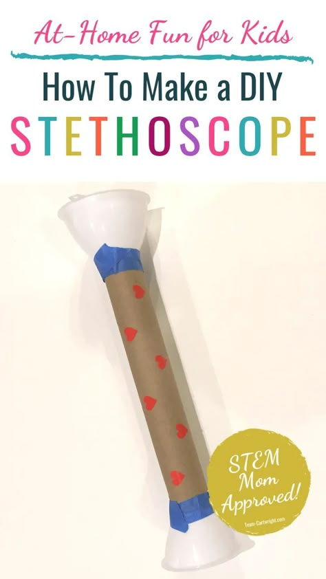 How To Make a DIY Stethoscope for Kids. Looking for science activities for toddlers, for preschool, for kindergarten? Try these easy experiments with a stethoscope you can make from at home items! This simple STEM activity will fit in with science centers or as the central healthy body theme! Encourage pretend play for your future doctors too! Simple science activities for preschool. Human body theme STEM. Anatomy science centers. #diystethoscope #homeschool #preschoolscience #STEM #kindergarten Diy Stethoscope, Science Activities For Toddlers, Simple Stem Activities, Body Preschool, Human Body Science, Human Body Activities, Community Helpers Theme, Human Body Unit, Heart Pump