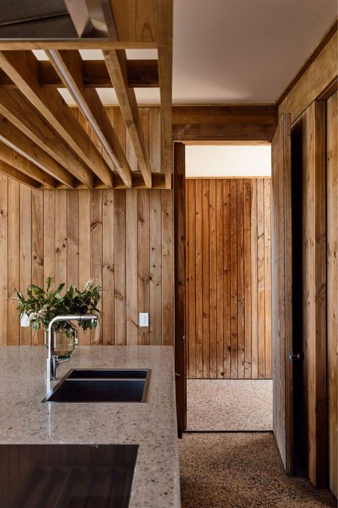 Sorrento House, Marble Bench, Kitchen Architecture, Tribeca New York, Timber Kitchen, Timber Battens, 1960s Home, Marble Sink, Timber Walls