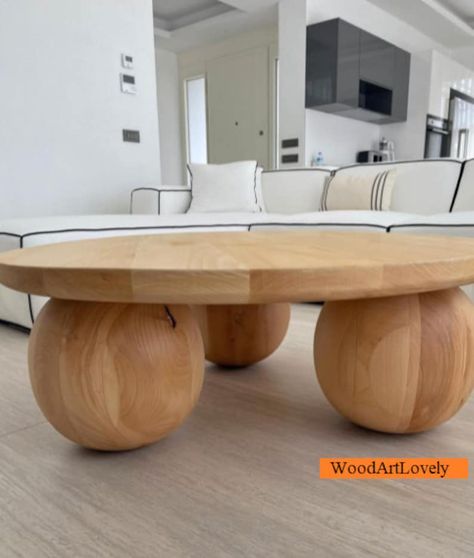 Unique Coffee Table Ideas, Ball Coffee Table, Round Wooden Coffee Table, Modern Glass Coffee Table, Wood Cocktail Table, Colourful Living Room Decor, Japandi Living, House Remodeling, House Dream