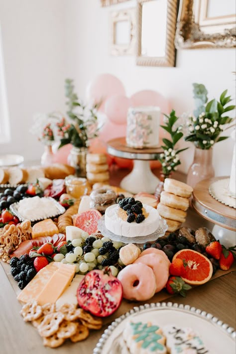 Charcuterie board. Cheese board. Charcuterie table. First birthday party food. Party food. Dessert Charcuterie Board, Spring Snacks, Dessert Charcuterie, Spring Dessert, Bridal Shower Inspo, Charcuterie Inspiration, Charcuterie Recipes, Bridal Tea, Birthday Brunch