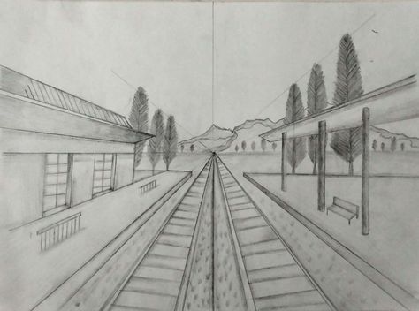 Railway Track Drawing, View Point Drawing, Horizon Drawing, 1 Point Perspective Drawing, 1 Point Perspective, Track Pictures, Horizon Line, Railway Track, Forced Perspective