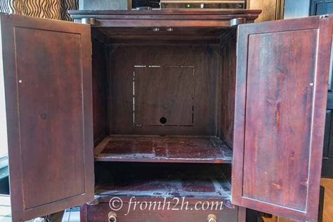 How To Convert A TV Armoire To A Desk Tv Armoire Repurposed, Flex Room Ideas, Office Armoire, Armoire Repurpose, Cupboard Makeover, Refurbished Desk, Armoire Diy, Armoire Desk, Computer Armoire