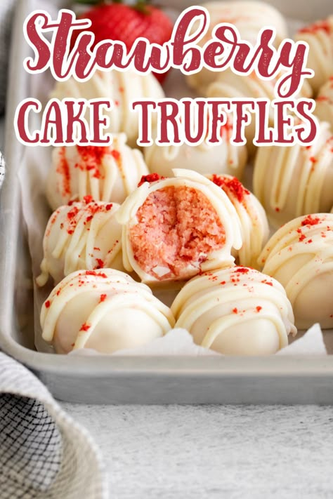 Strawberry Cake Truffles – A delicious treat made with just 3 simple ingredients – boxed strawberry cake mix, white chocolate, and cream cheese! Perfect for any holiday or party! Strawberry Truffles | Truffle Recipe | Strawberry Desserts Strawberry Cake Truffles, Strawberry Truffle Cake, Strawberry Oreo Truffles, Valentine Truffles Simple, Strawberry Truffles Easy, Strawberry Cake Balls Recipe, 3 Ingredient Truffles, Strawberry Cheesecake Cake Pops, Strawberry Truffles Recipe