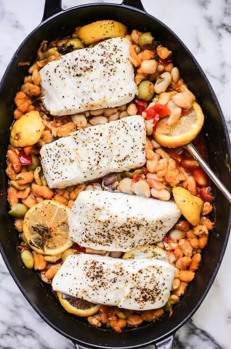 Roast Fish with White Beans and Calabrian Chiles - The Defined Dish Calabrian Peppers, Cabbage Dumplings, Pork Cabbage, Roasted Fish, Castelvetrano Olives, The Defined Dish, Defined Dish, Best Dumplings, Roast Fish