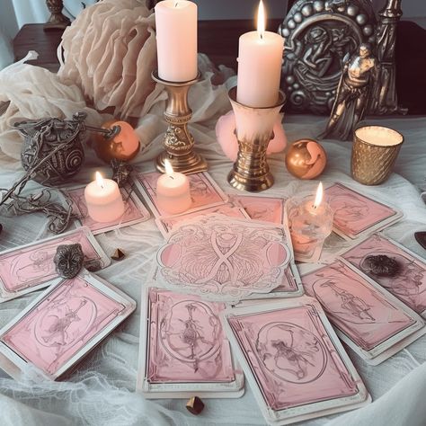 Tarot Card Table, Tarot Table, Pink Home Office, Goddess Magick, Tarot Tips, Rose Brand, Tarot Astrology, Wicca Witchcraft, Table Set Up