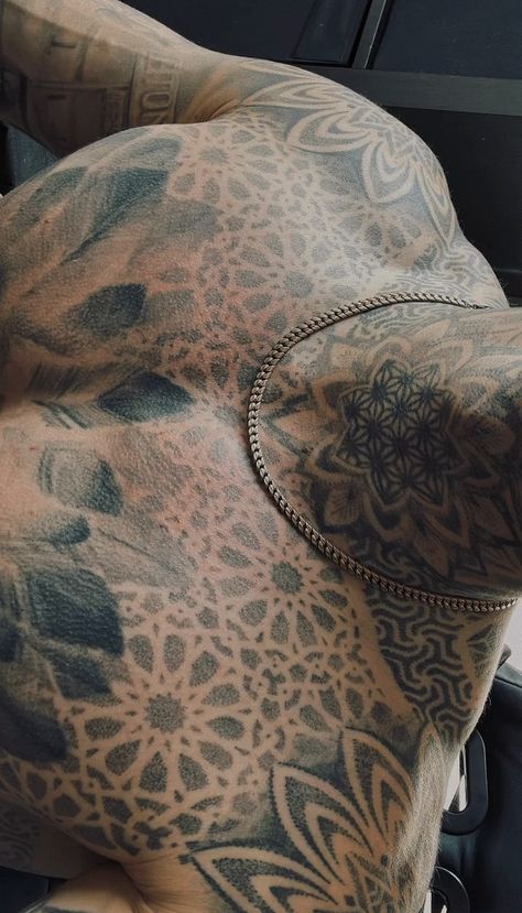 Mens Full Neck Tattoo, Full Chest And Neck Tattoo, Mandala Neck Tattoo Men Design, Shoulder To Neck Tattoo Men, Men Mandala Tattoo Design, Portrait Neck Tattoo, Chest Filler Tattoo Men, Tattoos Across Chest, Pattern Chest Tattoo