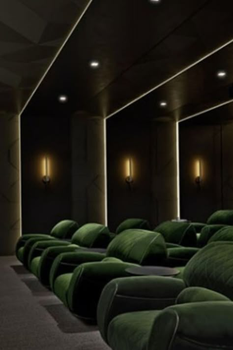 Green Movie Theater, Private Movie Room, Green Home Theater, Green Cinema Room, Home Theatre Flooring, Black Movie Theater Room, Movie Theater Lighting, Green Theater Room, Dark Green Cinema Room