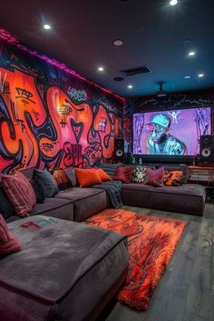 Hip Hop Apartment Decor, Style Room Ideas, Gaming Room Design, Content Room, Basement Lounge, Street Style Room, Graffiti Bedroom, Urban Bedroom, Podcast Studio