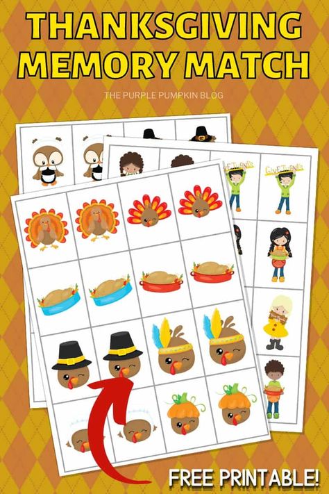 This free printable Thanksgiving Memory Card Game is a fun game for the whole family! Just print out the Thanksgiving-themed cards and test your memory in the classic Concentration game (you may have called it Matching Pairs, or Match Up!). Weather Matching Game Free Printable, Thanksgiving Matching Game, Thanksgiving Memory Game, Thanksgiving Activities Preschool Free Printable, Thanksgiving Games For Toddlers, Matching Games For Kids, Thanksgiving Printable Games, Printable Memory Game, Thanksgiving Stem Activities