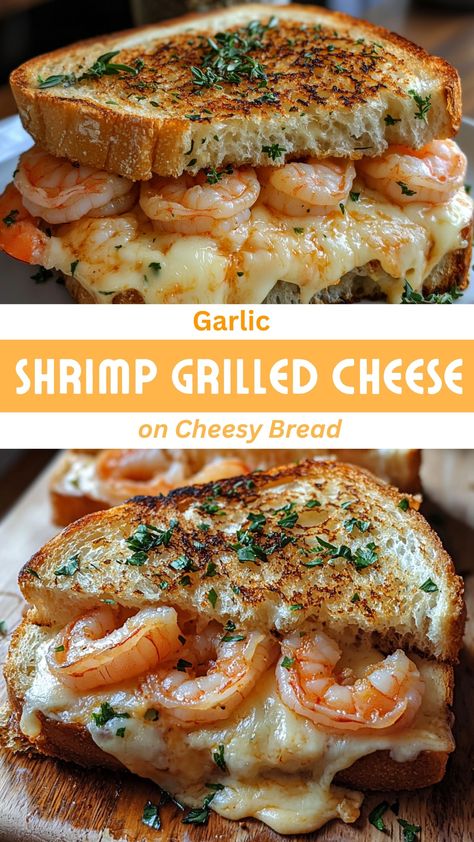 Easy Dinner Recipes: Garlic Shrimp Grilled Cheese on Cheesy Bread Cheesy Garlic Bread Shrimp Grill Cheese, Crispy Garlic Shrimp, Shrimp Bread Recipes, Shrimp Grilled Cheese, Shrimp With Cheese, Shrimp Bread, Shrimp Grilled, Seafood Delight, Crispy Bread