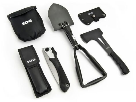 The SOG camping tool kit has a shovel (which you'll need for digging a latrine!), saw, and knife.  It is lightweight yet durable enough for outdoors. See more cool camping gear and outdoor gear in the post. Cool Camping Gear, Camping Gear Gadgets, Camping Gear Checklist, Camping Bedarf, Camper Awnings, Camping Snacks, Best Camping Gear, Camping Organization, Camping Guide