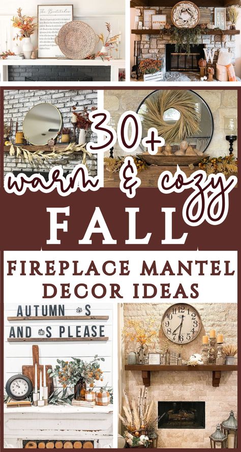 If you're looking for fall decor fireplace ideas, you'll want to see these 30+ gorgeous fall mantel decorations! Mantel decor is often the statement piece of your fall decor for living rooms - these ideas will give you the complete fall aesthetic, especially if you love rustic fall home decor! These fall mantels are cozy enough to transition to Thanksgiving fireplace mantel decor and to hold you off til it's time for Christmas! Gorgeous rustic farmhouse, modern farmhouse & minimalist styles! Outdoor Fireplace Fall Decorations, Rustic Fall Mantel Decor, Fireplace Decor For Fall, Fireplace Hearth Ideas Decor Modern, Cottage Mantel Decorating Ideas, Mantle Without Fireplace Ideas, Fall Fireplaces, Fireplace Mantel Decorating Ideas Rustic, Fall Hearth Decor Ideas