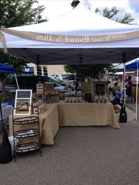 Milk & honey (and grains) farmers market stand. Burlap, weathered wood apple crates, and chalkboards used to display our healthy baked goods--granola and cookies. Market Stall Display, Farmers Market Stand, Farmers Market Booth, Farmers Market Display, Vendor Table, Stall Display, Stand Feria, Festival Booth, Market Booth