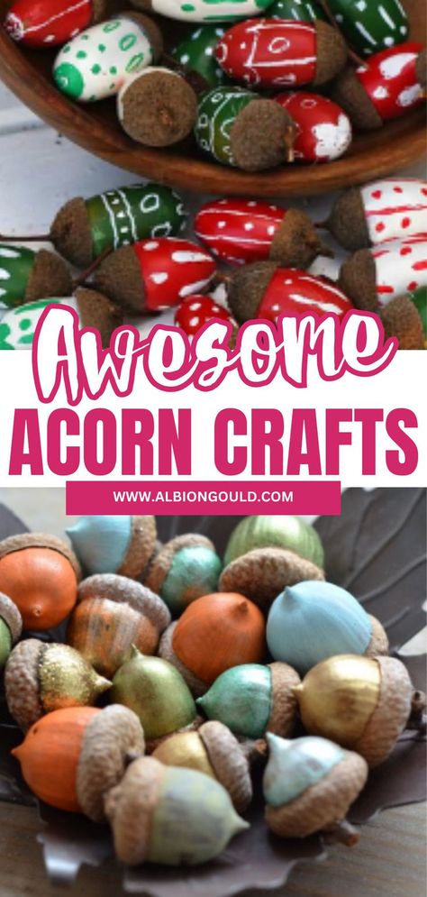 Enjoy fun acorn DIY projects that bring the beauty of fall indoors! From acorn ornaments to home decor, these crafts are perfect for all ages. Gather your acorns and get creative with these simple, engaging activities for your autumn festivities. Acorn Fairy Crafts, Making Becorns, Acorn Arts And Crafts, Painting Acorns Diy, Acorn Ornaments Diy, Painted Acorns Ideas, Acorn Crafts For Adults, Acorn Crafts Preschool, Crafts With Acorns