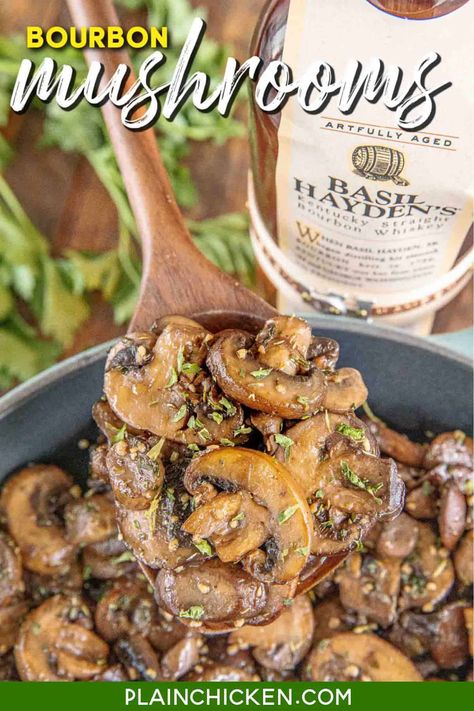 Bourbon Mushrooms - better than the fancy steakhouses! Super easy to make and ready in about 20 minutes. Fresh mushrooms sautéed in butter, bourbon, garlic, parsley, and thyme. Great side dish for steaks, pork, and chicken! Toss in pasta for a quick vegetarian/meatless main dish! Low-carb, keto-friendly, gluten-free, and DELICIOUS! #mushrooms #bourbon #vegetarian #lowcarb #keto #glutenfree Bourbon Mushrooms, Butter Bourbon, Easy Vegetable Recipes, Bacon Cheeseburger Soup, Beef Steaks, Steak Side Dishes, Keto Beef, Meatless Main Dishes, Plain Chicken