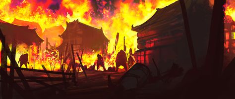 Burning Samurai Village -Sketch by Noah Bradley Kakashi Hatake Naruto, Noah Bradley, Village Drawing, Burning City, Fantasy Village, Fire Drawing, Bg Design, Concept Art World, Color Script