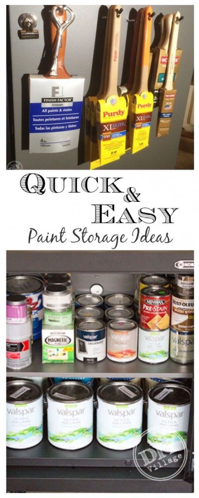 Quick and easy paint storage solutions ... great idea for storing paint brushes! Paint Supply Organization, Paint Gallon Storage, How To Organize Paint Supplies In Garage, Diy Hanging Paint Storage, Paint Storage Ideas, Storage Garage Organization, Big Bottles Of Paint Storage, Multipurpose Cabinet, 2 Oz. Paint Bottle Storage Diy