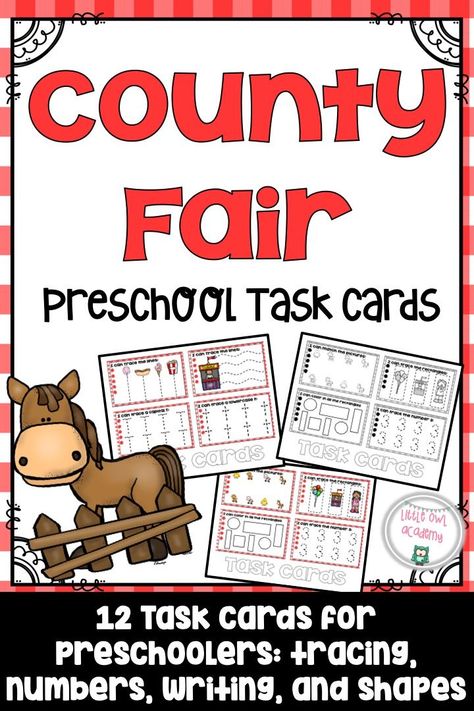 Preschool Task Cards County Fair Theme:This packet contains 12 -3x5 sized preschool task cards around the theme "County Fair." The students will trace lines, write lower case and uppercase T, write their name, , trace circles and squares and rectangles, and match. These work best if laminated and completed with a dry erase marker, so they can be used over and over again. Each card comes in color and black and white printable. #littleowlacademy #preschool #taskcards #preschooltaskcards #prek Fair Lesson Plans Preschool, Fair Theme Preschool Activities, State Fair Preschool Theme, Fair Preschool Theme, Fair Theme Preschool, County Fair Theme Preschool, County Fair Activities, State Fair Theme, County Fair Projects