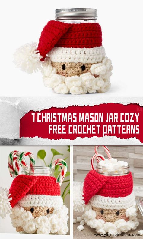 Crochet Christmas Mason Jar Covers, Crochet Mason Jar Cozy Pattern Free, Mason Jar Cozies Crochet, Mason Jar Cozy Crochet, Mason Jar Crochet Cover, Crochet Jar Cozy, Crochet Mason Jar Covers Free Pattern, Crochet Mason Jar Cozy, Crochet Mason Jar Covers