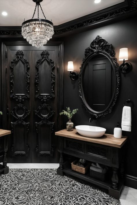 Step into luxury with this Gothic-inspired bathroom featuring intricately carved dark wood mirrors and sophisticated black fixtures. Where medieval meets modern. #GothicDesign #LuxuryBathroom #DarkInteriors Goth House Ideas, Victorian Gothic Bathroom, Modern Gothic Interior Design, Sims Vampire, Gothic Vanity, Goth Glamour, Gothic Bathroom Ideas, Goth Interior, Gothic Bar