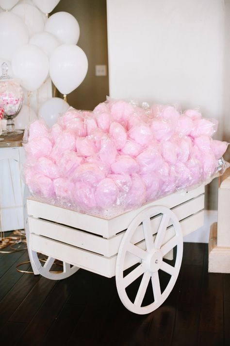 Wedding reception pink cotton candy cart! How cute is this? Looks great on our wood floor in the Sleepy Ridge Sunset Room. Cotton Candy Party, Baby Rosa, Candy Cart, Cadeau Baby Shower, Fairy Floss, Half Birthday, Dekor Diy, Diy Event, Candy Floss