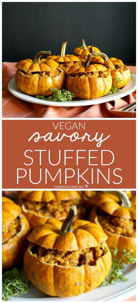 Vegan Savory Stuffed Mini Pumpkins are the cutest thing you'll make all fall! Tiny pumpkins are roasted and stuffed with quinoa, veggies, and vegan chorizo. #PumpkinWeek #ad Roasted Stuffed Pumpkin Vegan, Vegan Stuffed Pumpkin Recipes, Vegan Stuffed Pumpkin, Stuffed Mini Pumpkins, Thanksgiving Vegetable, Pecan Monkey Bread, Stuffed Pumpkins, Tiny Pumpkins, Thanksgiving Vegetables