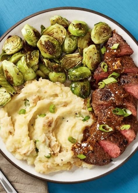 Easy steak recipe with creamy dijon pan sauce, scallion mashed potatoes and roasted Brussels sprouts | More recipes on www.HelloFresh.com Steak Potatoes And Brussel Sprouts, Beef Hello Fresh Recipes, Hello Fresh Mashed Potatoes, Steak With Brussel Sprouts, Low Carb Hello Fresh Recipes, Hello Fresh Dinner Recipes, Hello Fresh Steak Recipes, Easy Hello Fresh Recipes, Hello Fresh Copycat Recipes