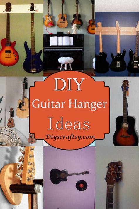 DIY Guitar Hanger Ideas 1 How To Hang Guitars On The Wall Diy, Ukulele Display Ideas, Hanging Up Guitars The Wall, Guitar Wall Mount Diy, Diy Guitar Mount, Guitar Wall Storage, Hang Guitars On Wall Ideas, Guitar Hanging Ideas Diy, How To Display Guitars On Wall