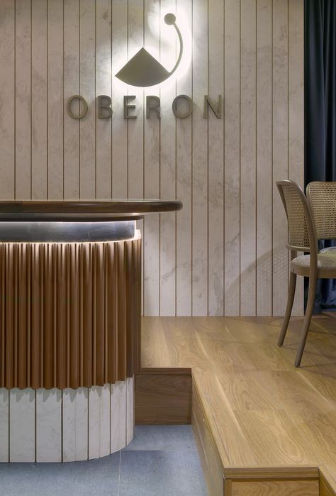 Oberon Cafe-Bar, Thessaloniki by Minas Kosmidis-Architecture In Concept  #ArchitectureInConcept #MinasKosmidis Hotel Lobby Design, Reception Desk Design, Lobby Reception, Design Café, Lobby Interior, Counter Design, Lobby Design, Modern Restaurant, Bar Interior