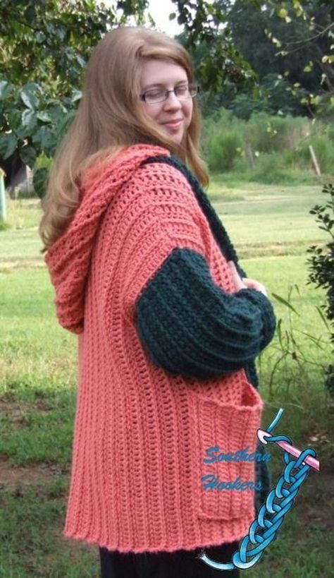 Attitude Crochet Jacket 2X | Craftsy Hooded Cardigan Pattern, Caron One Pound Yarn, Baby Afghan Crochet Patterns, Hood Pattern, Oversized Pockets, Crochet Hoodie, Hooded Cardigan Sweater, Baby Afghan Crochet, Cardigan Crochet