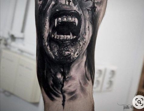 Control Tattoo Ideas, Scary Tattoos Dark Art, Vampire Tattoo Designs, Herren Hand Tattoos, Vampire Tattoo, Evil Skull Tattoo, Black And Grey Tattoo, Skull Sleeve Tattoos, Evil Tattoos