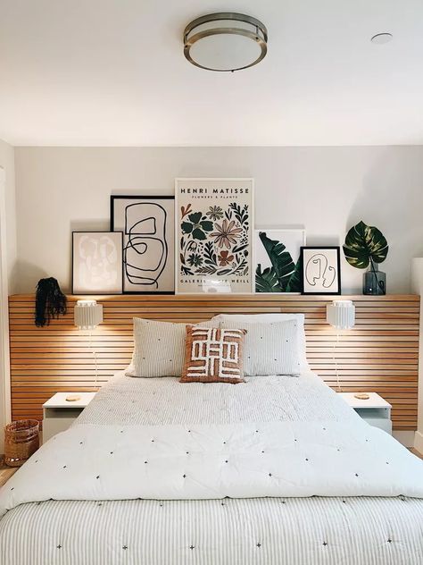 36 Wood Slat Accent Wall Ideas for a Stylish Focal Point in Any Room Bedding Storage Ideas, Northwest Interior Design, Wood Slat Headboard, Wood Slat Accent Wall, Slat Accent Wall, Above Bed Ideas, Bed With Drawers Underneath, Wall Behind Bed, Slat Headboard