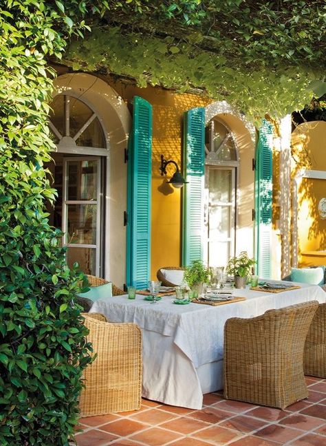 Spanish style House Of Turquoise, Beautiful Patios, Outside Living, Outdoor Rooms, Design Case, Decoration Design, My Dream Home, Shutters, Outdoor Living Space