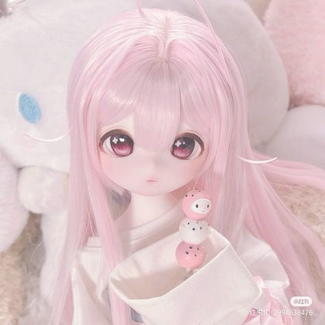 Pink Bjd Doll, Bjd Icon, Profile Pink, Bjd Anime, Doll Aesthetic, Blonde With Pink, Pink Doll, Hello Kitty Plush, Japanese Dolls