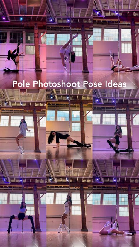 Nine different pole photo shoot pose ideas from AngelaAerial in a grid. Pole Poses Photo Shoots, Pole Dancing For Beginners, Pole Poses, Pole Fitness Inspiration, Pole Dance Studio, Pole Fitness Moves, Pool Dance, Dancing Poses, Paid Partnership