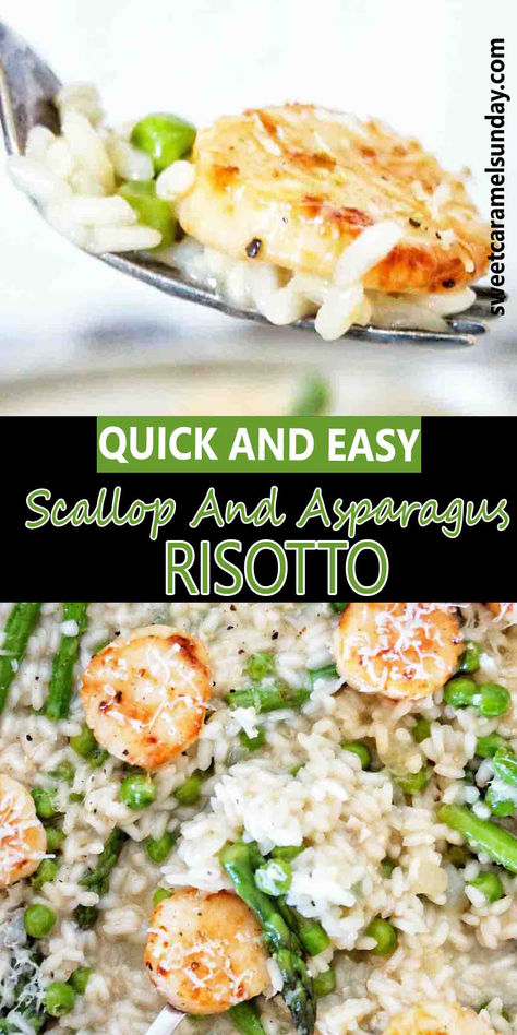 Fork holding risotto with scallops and asparagus above black pan of the same. There is text written between 2 images. Scallops And Asparagus Recipe, Scallop Risotto Recipes, Scallop Risotto, Crisp Asparagus, Prawn Risotto, Asparagus And Peas, Parmesan Rice, Asparagus Risotto, Shrimp Risotto