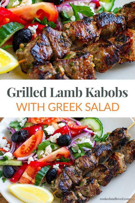 Souvlaki-style, marinated lamb kabobs grilled or pan-fried to tender and juicy, served with a simple Greek salad for a balanced, healthy meal. This delicious Mediterranean dish is gluten-free, low-carb and Paleo/Whole30 friendly (omit the cheese). You will love this healthy lamb recipe! Lamb Kabobs Mediterranean, Greek Lamb Kabobs, Lamb Souvlaki Recipe, Greek Lamb Recipes, Healthy Lamb Recipes, Simple Greek Salad, Healthy Greek Recipes, Mediterranean Lamb, Greek Night