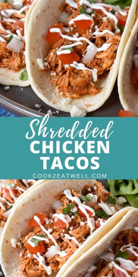 These shredded chicken tacos will give you a new, delicious way to make chicken and shake up taco night all in one easy recipe. Chicken breasts are cooked in a flavorful tomato sauce, then shredded and added back to the sauce until they soak it all up. Dress up the tacos with your favorite toppings and enjoy! #shreddedchickentacos #chickentacos Easy Shredded Chicken Tacos, Shredded Chicken Tacos Recipe, Pulled Chicken Tacos, Chicken Tacos Recipe, Easy Shredded Chicken, Slow Cooker Shredded Chicken, Shredded Chicken Tacos, Chicken Tacos Crockpot, Chicken Taco Recipes