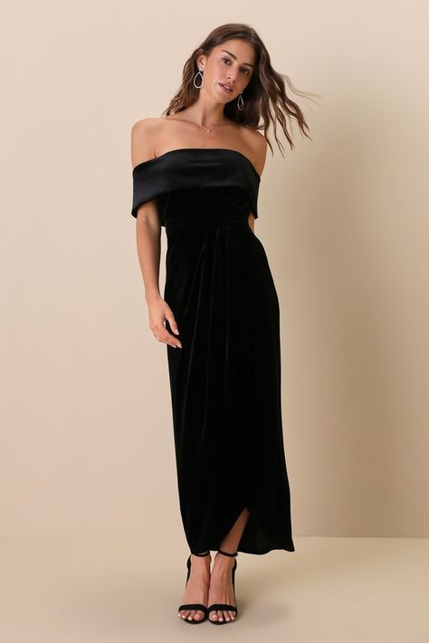 An evening of magic awaits you in the Lulus I'm Enchanted Black Velvet Off-the-Shoulder Maxi Dress! This gorgeous stretch velvet maxi has a folded-over off-the-shoulder neckline (with hidden no-slip strips) that continues into short sleeves. A high, banded waist flows into an overlapped tulip maxi skirt. Hidden side zipper/clasp. Fit: This garment fits true to size. Length: Ankle length. Size medium measures 49" from top to bottom. Bust: Great for any cup size. Waist: Fitted - very fitted at natural waist. Hip: Fitted - stretchy fabric allows room for hips. Undergarments: May be worn with a strapless bra, adhesive bra, petals, or no bra. Fabric: Fabric has some stretch. Lined To Mid-Thigh. Dress Measures 7" Longer At Back. Shell: 95% Polyester, 5% Spandex. Lining: 100% Polyester. Hand Wash Mid Thigh Dress, Off The Shoulder Midi Dress, Velvet Sleeve, Velvet Maxi Dress, Velvet Maxi, Party Kleidung, Off Shoulder Fashion, Adhesive Bra, Backless Maxi Dresses