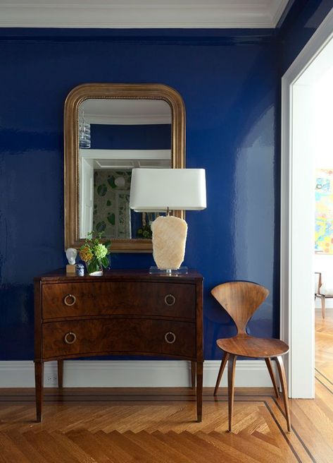 Wood, Room, Interior design, Flooring, Floor, Hardwood, Drawer, Wall, Wood flooring, Chest of drawers, Upper West Side Apartment, Classic Blue Pantone, Blue Pantone, Blue Accent Walls, Herringbone Wood, Accent Wall Paint, Blue Room, Furnishings Design, Blue Interior