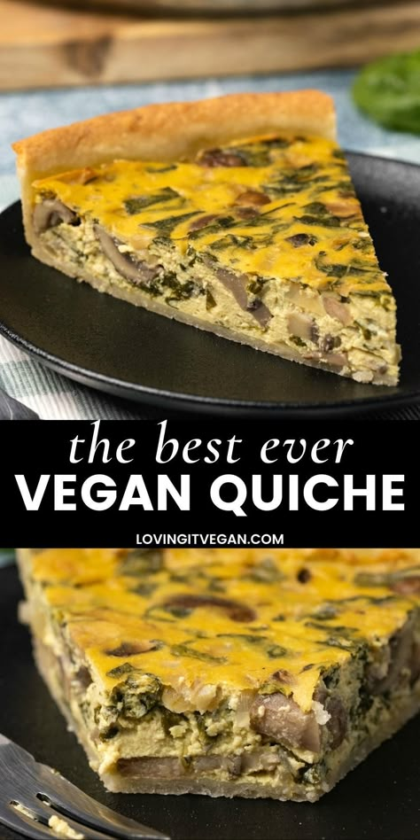 This vegan quiche is so easy to make and packed with delicious flavor. It’s the best thing for breakfast or brunch and you’ll love the combination of spinach and mushrooms! Vegan Savoury Breakfast, Vegan Quiche Recipes, Vegan Brunch Ideas, Tofu Quiche, Savoury Pie, Quiche Vegan, Vegan Breakfast Casserole, Vegan Brunch Recipes, Vegan Quiche