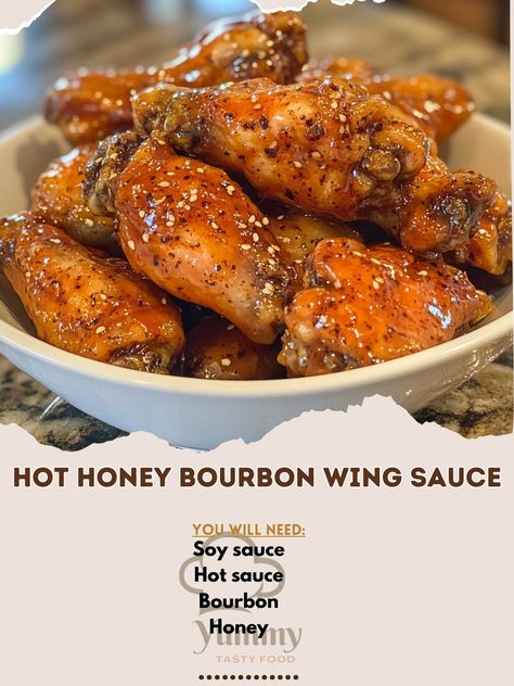 🌶️ "Turn up the heat with Hot Honey Bourbon Wing Sauce—spicy, sweet, and perfect for game day!" 🍗🔥 #WingSauce #SpicyTreats Hot Honey Bourbon Wing Sauce Ingredients: Honey (½ cup) Bourbon (¼ cup) Hot sauce (¼ cup) Soy sauce (2 tbsp) Apple cider vinegar (1 tbsp) Garlic powder (1 tsp) Onion powder (1 tsp) Ground black pepper (½ tsp) Instructions: In a saucepan, combine honey, bourbon, hot sauce, soy sauce, and apple cider vinegar. Stir in garlic powder, onion powder, and black pepper. Bring ... Honey Bourbon, Honey Soy, Honey And Soy Sauce, Chipotle Sauce, Wing Sauce, Apple Cider Vinegar, Onion Powder, Soy Sauce, Hot Sauce