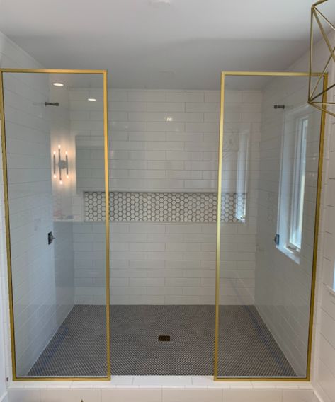 Shower Screen with custom Satin Brass Frame. Starphire glass. Novato, CA. Glass Door Bathroom, Custom Shower Doors, Unique Shower, Gold Shower, Bathroom Installation, Brass Shower, Steam Showers Bathroom, Custom Shower, Mirror Interior