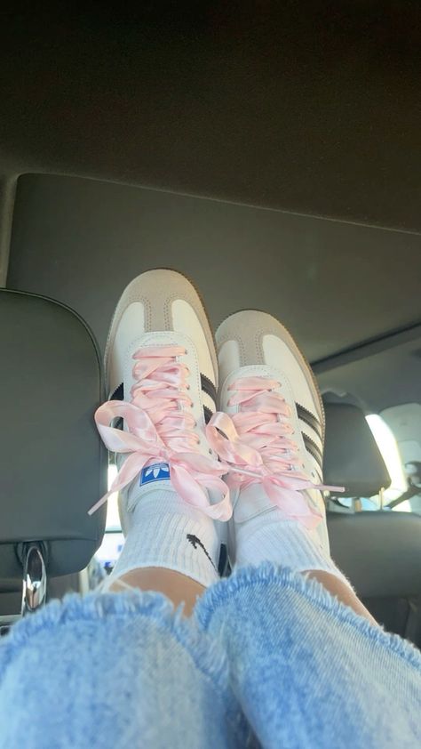 #shoes #sambas #adidas #pink Samba Pink Laces, Adidas Samba Pink, Pink Sambas, Pink Adidas Shoes, Sambas Adidas, Samba Adidas, Ribbon Laces, Pretty Shoes Sneakers, Nike Air Shoes