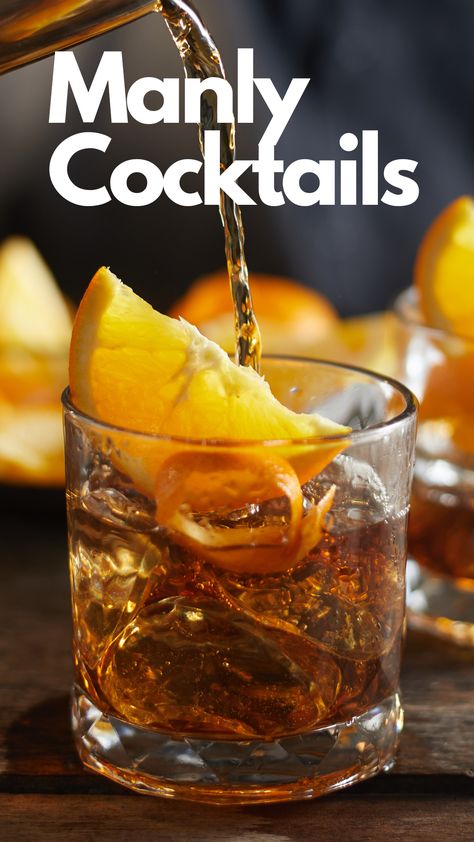 When it comes to manly cocktails, you want something that's bold, strong, and exudes masculine energy. There's always an occasion to grab a cocktail—at a party, after a long day at work, a wedding reception, an upscale banquet, at a restaurant, the list goes on! These cocktails are usually made with straight spirits like vodka and whiskey instead of getting diluted with fruit juice. via @mybartender Manly Drink, Manly Cocktails, Unique Cocktail Recipes, Strong Cocktails, Chill Night, Coctails Recipes, Cocktails To Try, Happy Hour Drinks, Whiskey Drinks