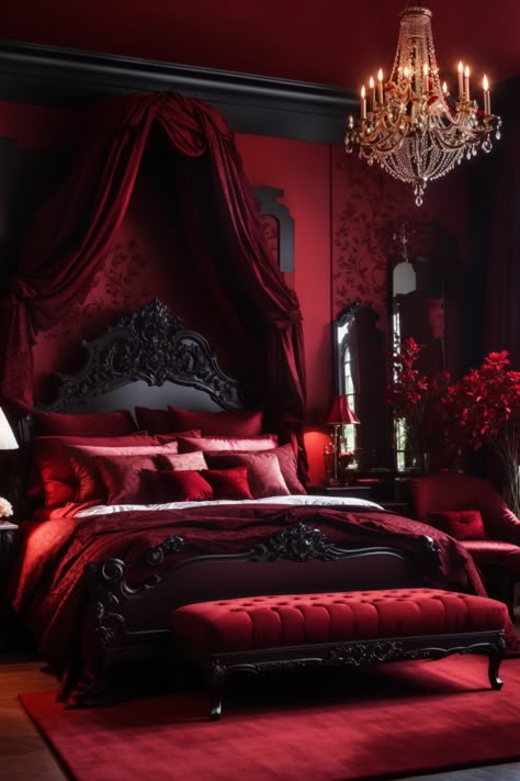 Enter a world aflame with passion in this red dark moody romantic bedroom. The pulsating red walls adorned with damask panels set the heart racing, while the opulent mirror and wall sconces serve as majestic wall art. The bed, draped in luxurious fabrics, is an intimate retreat. With a sparkling chandelier and heavy drapes, this space is a symphony of love, passion, and opulence that beckons you to lose yourself in its fiery embrace. Goth Bedroom Ideas, Gothic Bedroom Ideas, Gothic Bed, Beauty 2023, Gothic Decor Bedroom, Halloween Bedroom Decor, Goth Bedroom, Gothic Room, Gothic Bedroom