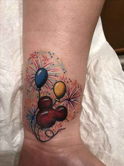 Disney Fireworks Tattoo, Mickey Balloon Tattoo, Firework Tattoo, Disney Inspired Tattoos, Mickey Tattoo, 5 Tattoo, Balloon Tattoo, Disney Sleeve, Disney Fireworks