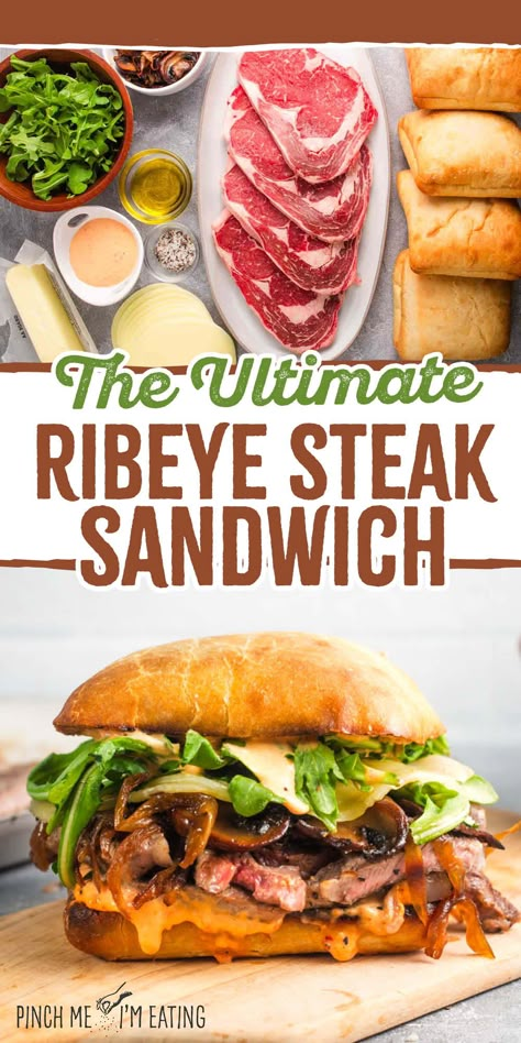 This grilled ribeye steak sandwich is loaded with roasted red pepper garlic aioli, arugula, provolone, caramelized onions, and mushrooms, all on a toasty ciabatta roll. You can even use thinly sliced leftover steak in this recipe! This sandwich is a great main course dish, and the sauce is out of this world! Sliced Steak Recipes, Ribeye Steak Sandwich, Red Pepper Aioli, Leftover Steak Recipes, Rib Eye Recipes, Caramelized Onions And Mushrooms, Yummy Sandwiches, Steak Sandwich Recipes, Grilled Ribeye Steak